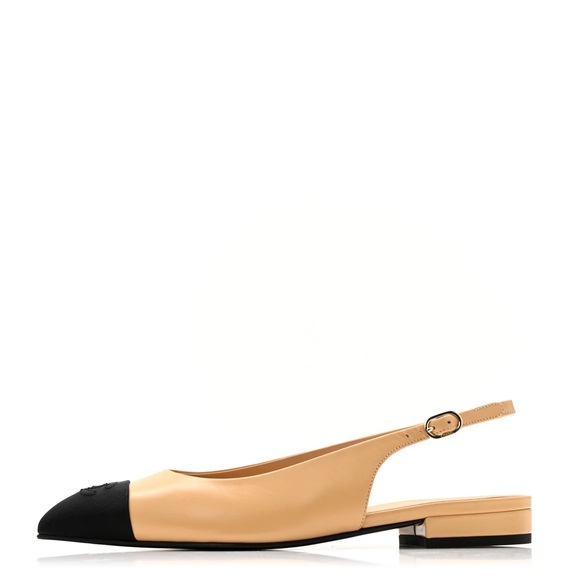 CHANEL Beige Leather Slingback Flats with Black Pointed Cap - Picture 3 of 4